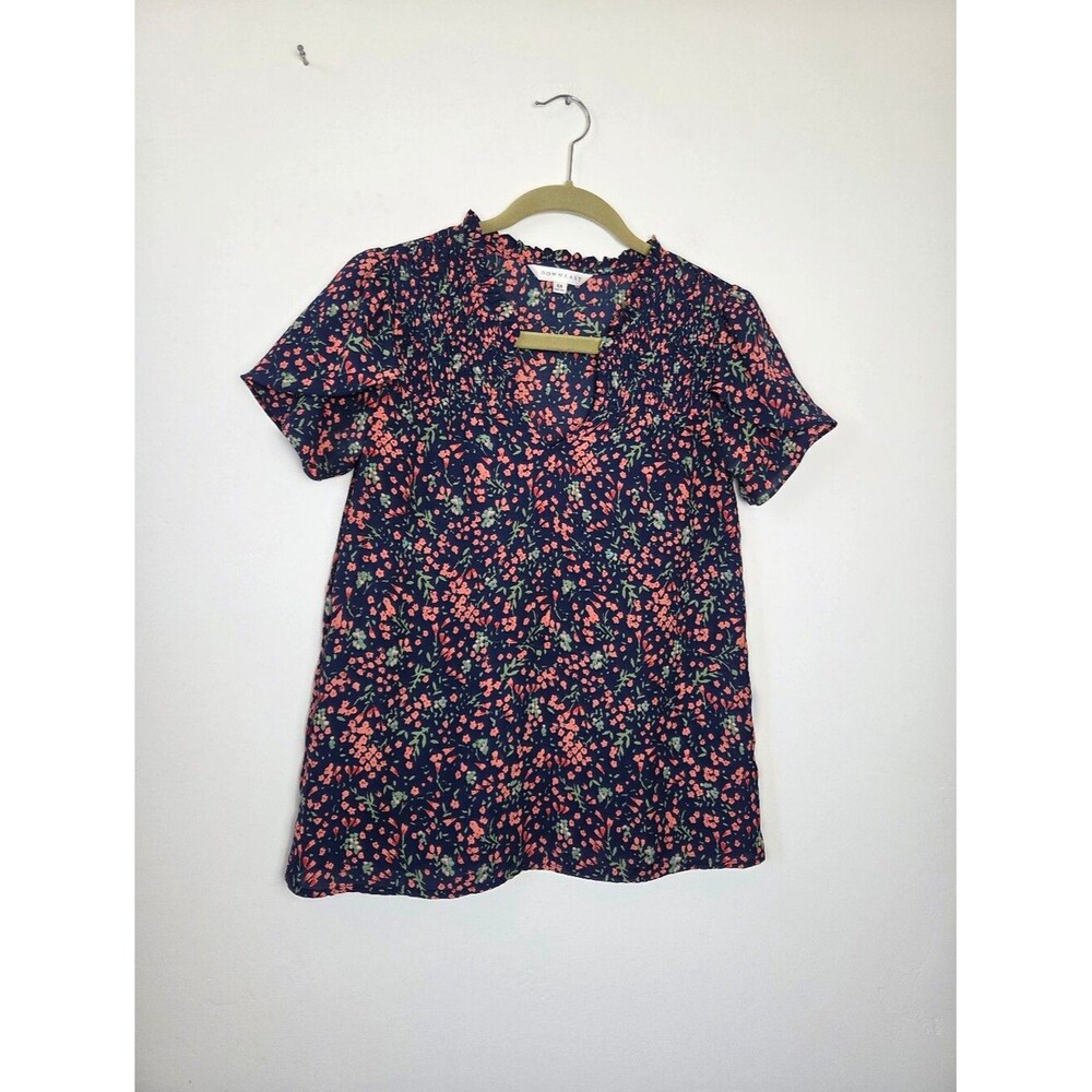 Downeast Floral Blouse Top Popover Navy Pink Cottagecore Preppy Summer Flowy XS